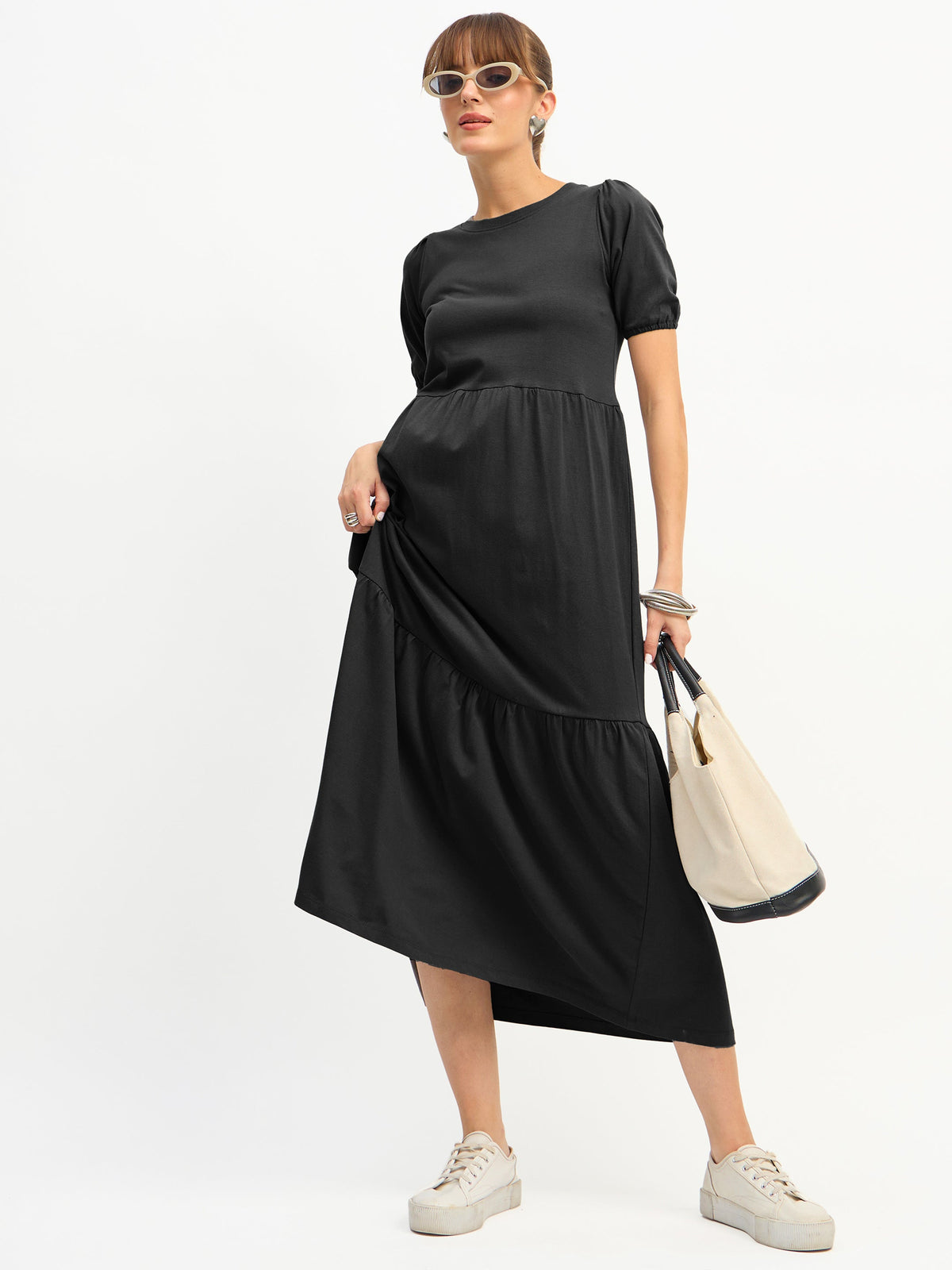 Black Puff Sleeve Midi Dress-SASSAFRAS