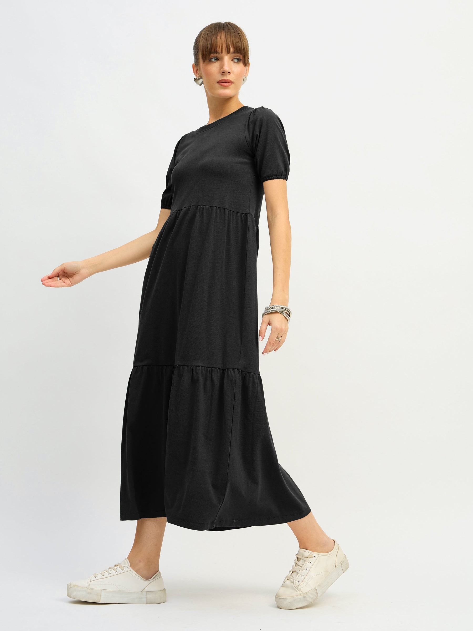 Black Puff Sleeve Midi Dress-SASSAFRAS