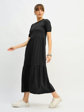 Black Puff Sleeve Midi Dress-SASSAFRAS