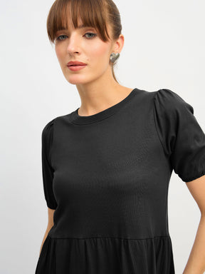 Black Puff Sleeve Midi Dress-SASSAFRAS