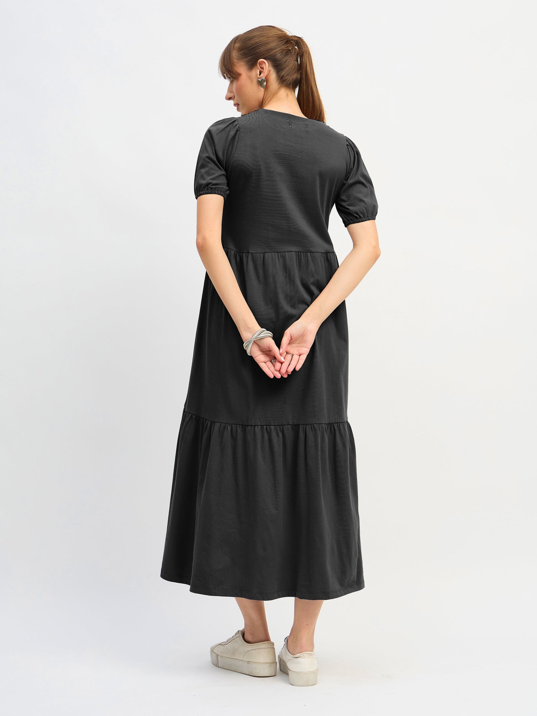 Black Puff Sleeve Midi Dress-SASSAFRAS