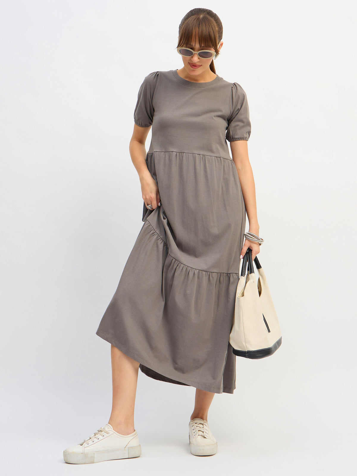 Grey Puff Sleeve Midi Dress-SASSAFRAS