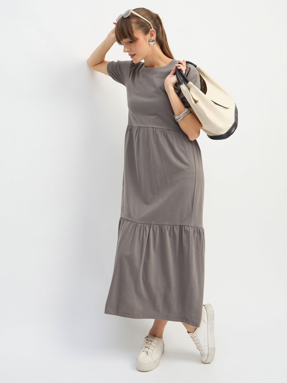 Grey Puff Sleeve Midi Dress-SASSAFRAS
