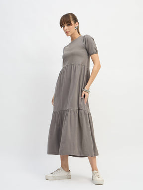 Grey Puff Sleeve Midi Dress-SASSAFRAS