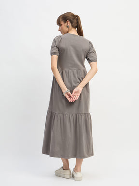 Grey Puff Sleeve Midi Dress-SASSAFRAS