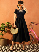 Women Black Poplin Smocked Midi Dress