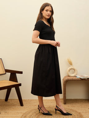Black Poplin Smocked Midi Dress-Pink Paprika By SASSAFRAS