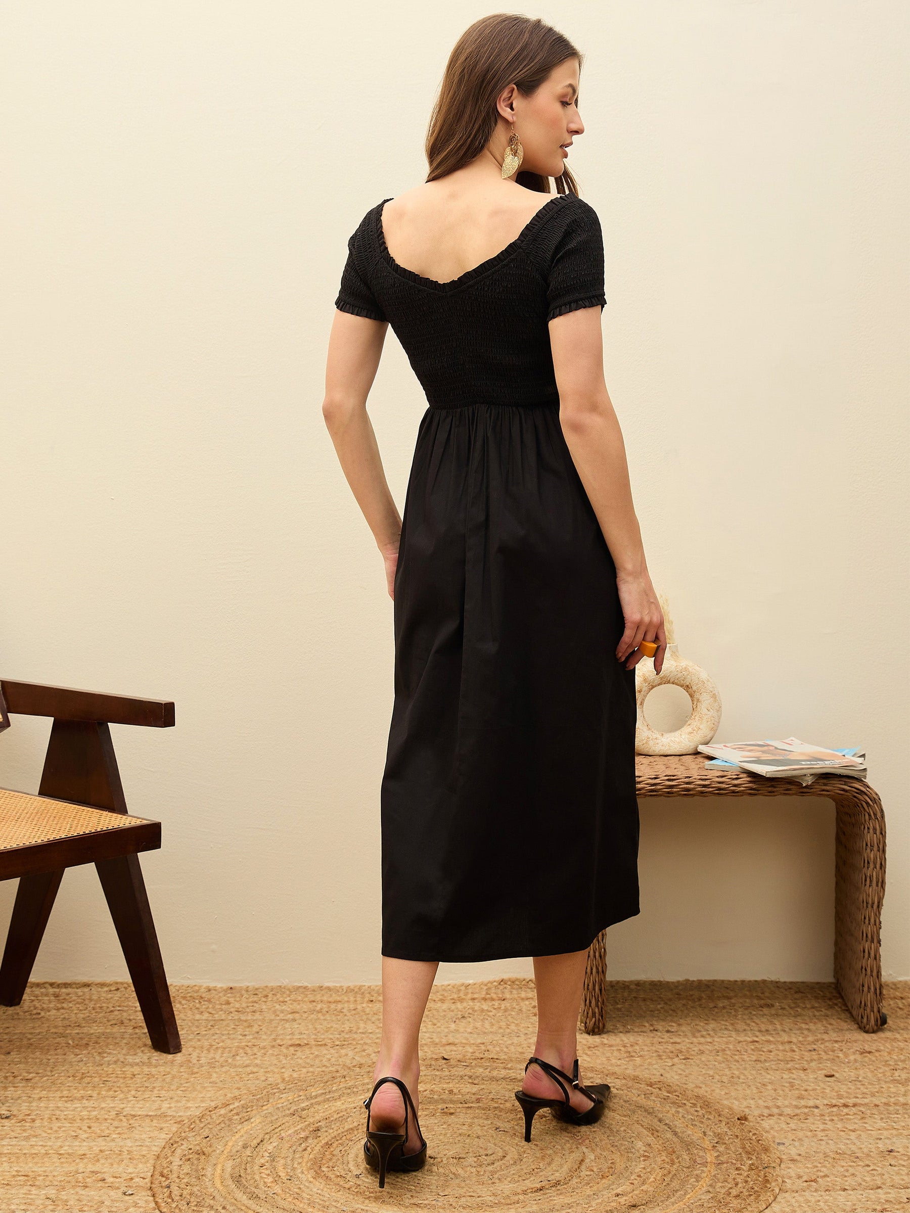 Black Poplin Smocked Midi Dress-Pink Paprika By SASSAFRAS