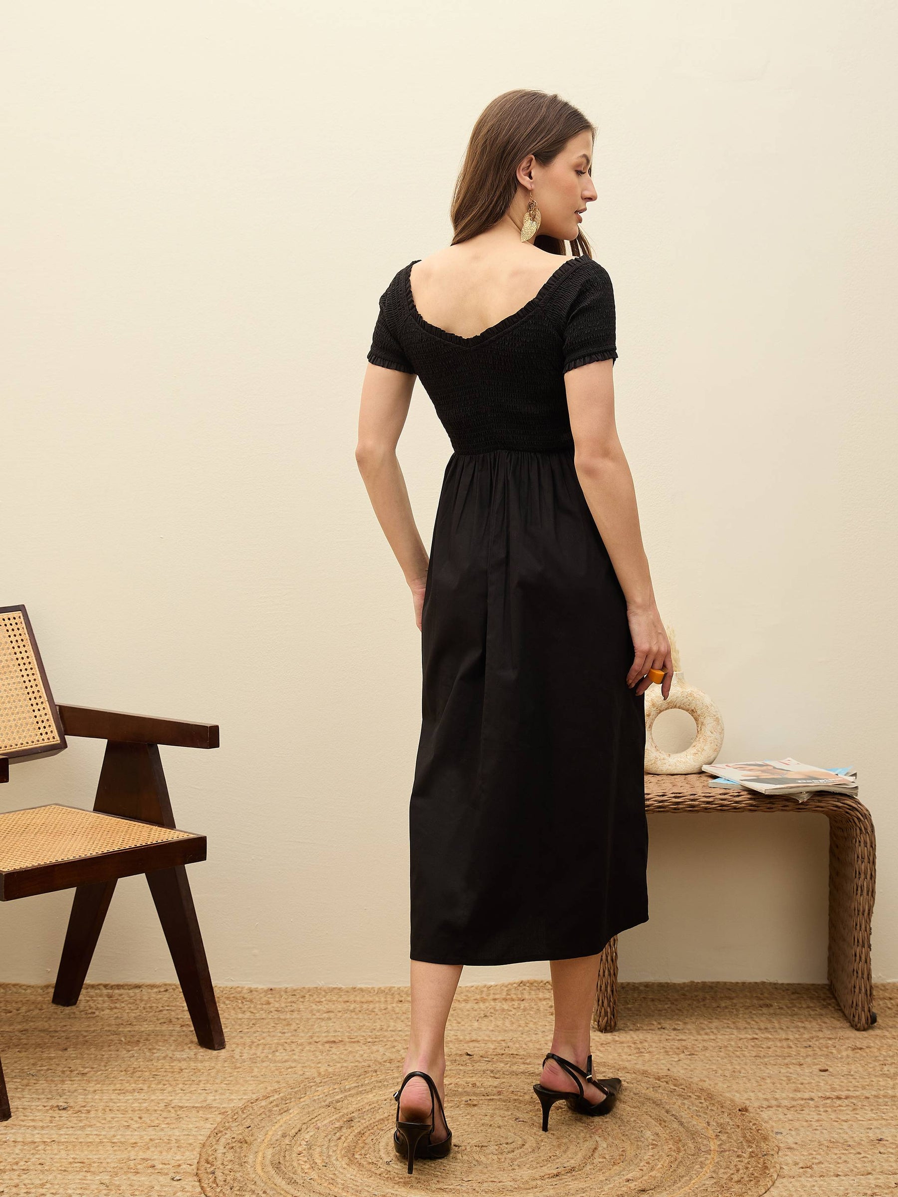 Black Poplin Smocked Midi Dress-SASSAFRAS