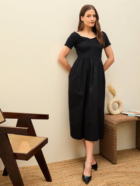 Black Poplin Smocked Midi Dress-SASSAFRAS