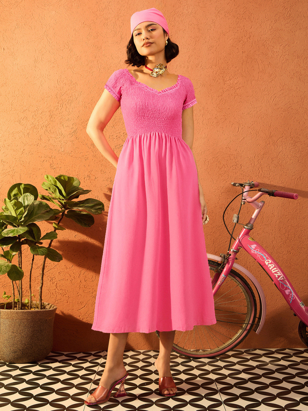 Women Pink Poplin Smocked Midi Dress
