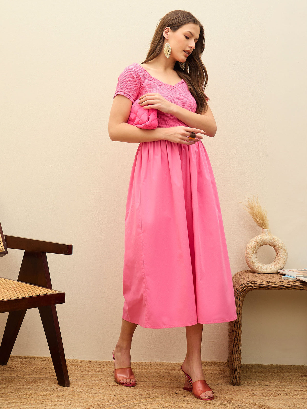 Pink Poplin Smocked Midi Dress-Pink Paprika By SASSAFRAS