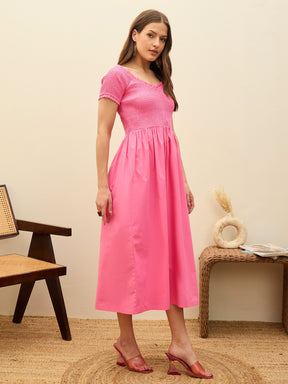 Pink Poplin Smocked Midi Dress-Pink Paprika By SASSAFRAS