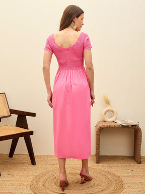 Pink Poplin Smocked Midi Dress-Pink Paprika By SASSAFRAS