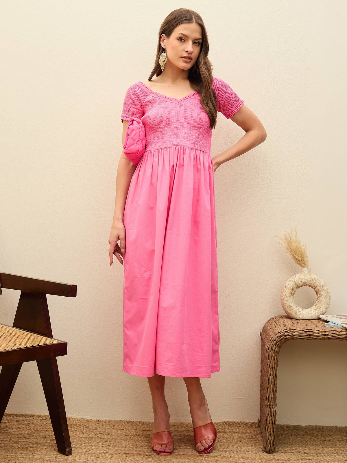 Pink Poplin Smocked Midi Dress-SASSAFRAS
