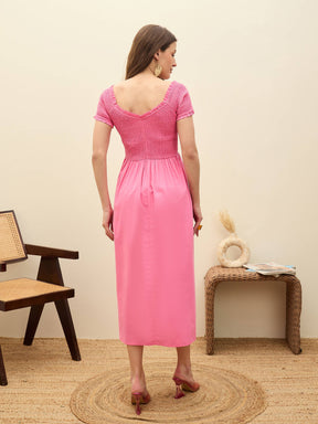Pink Poplin Smocked Midi Dress-SASSAFRAS