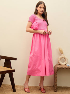 Pink Poplin Smocked Midi Dress-SASSAFRAS