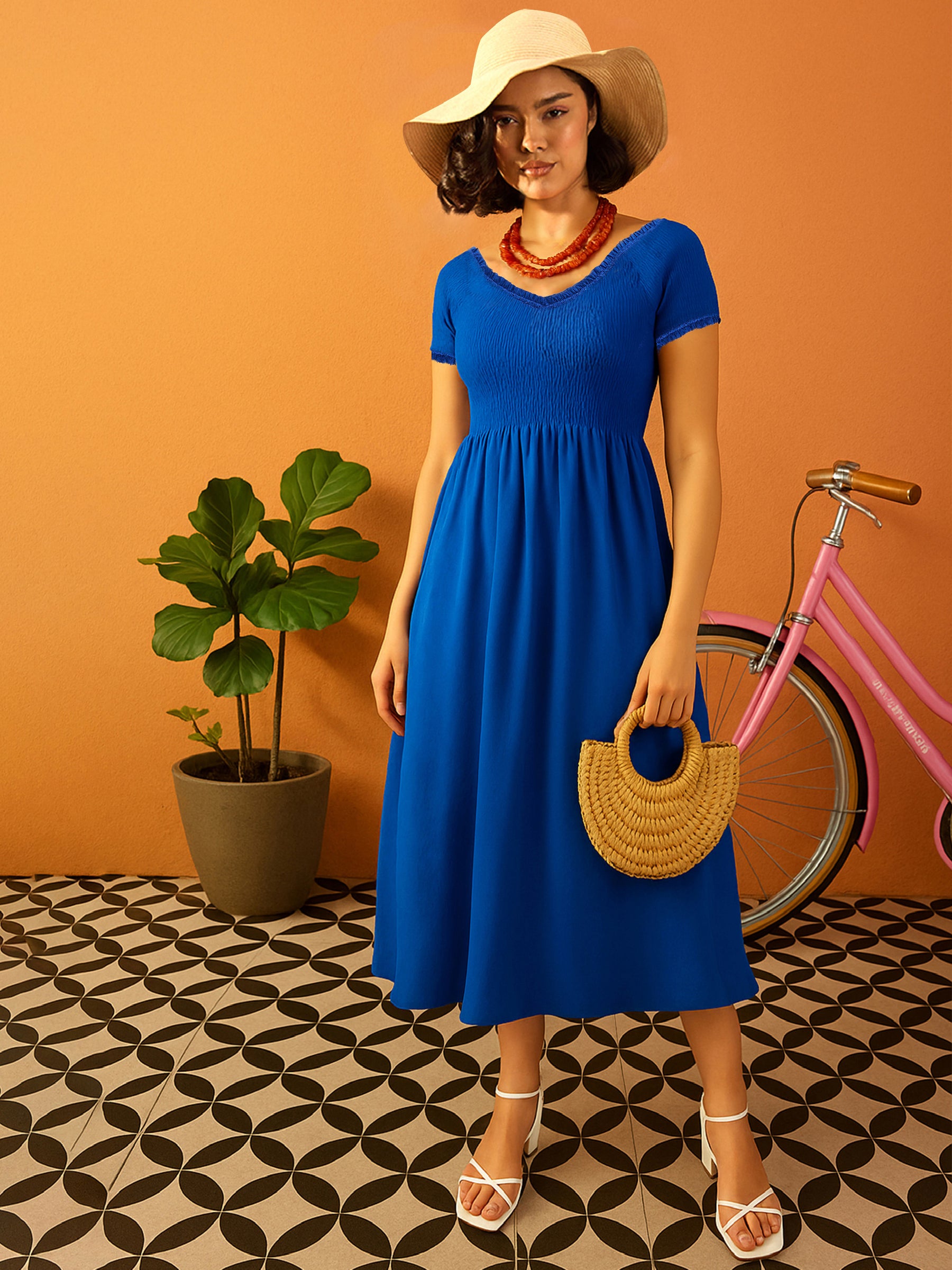 Women Blue Poplin Smocked Midi Dress