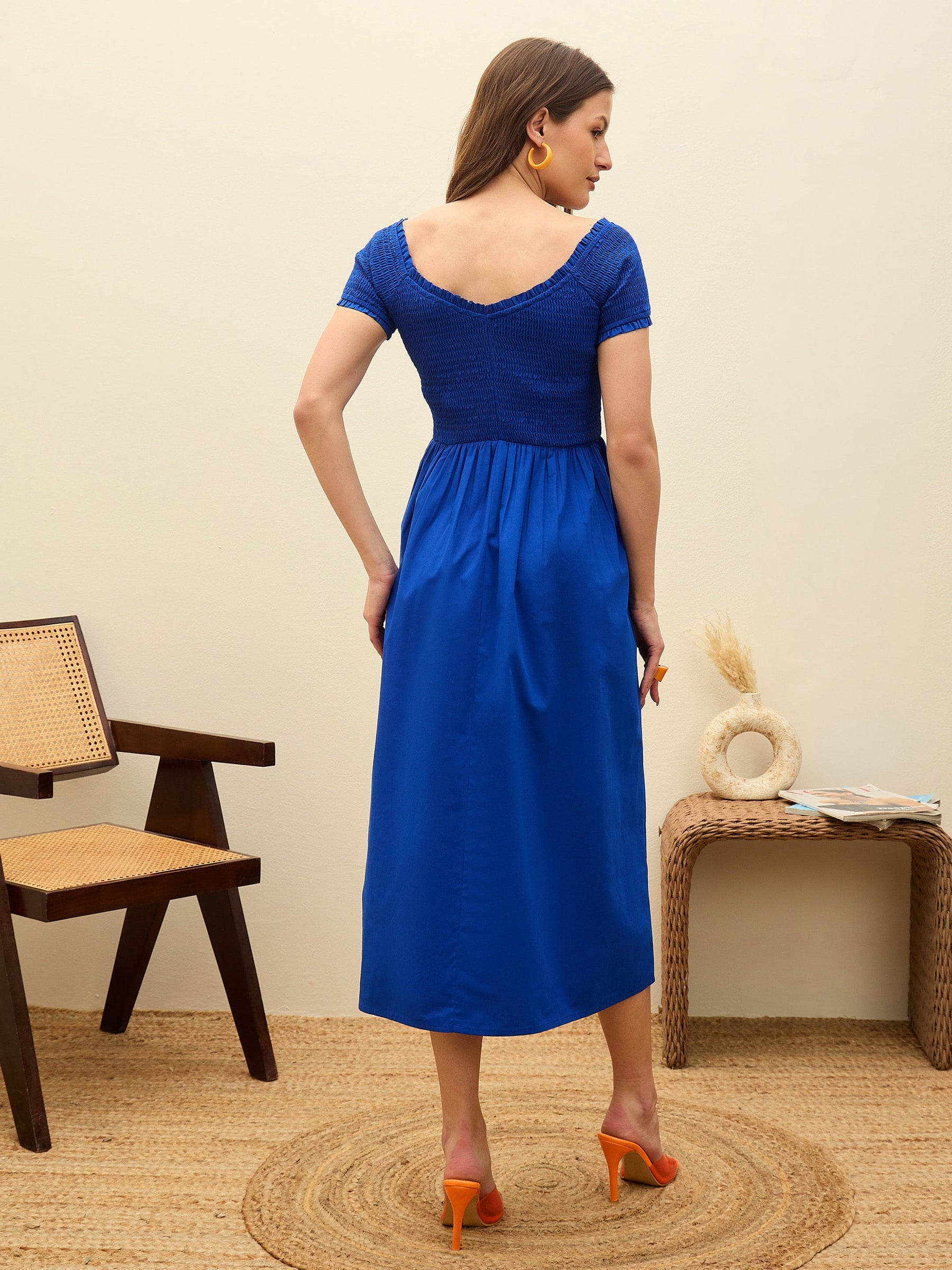 Blue Poplin Smocked Midi Dress-Pink Paprika By SASSAFRAS