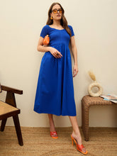 Blue Poplin Smocked Midi Dress-SASSAFRAS