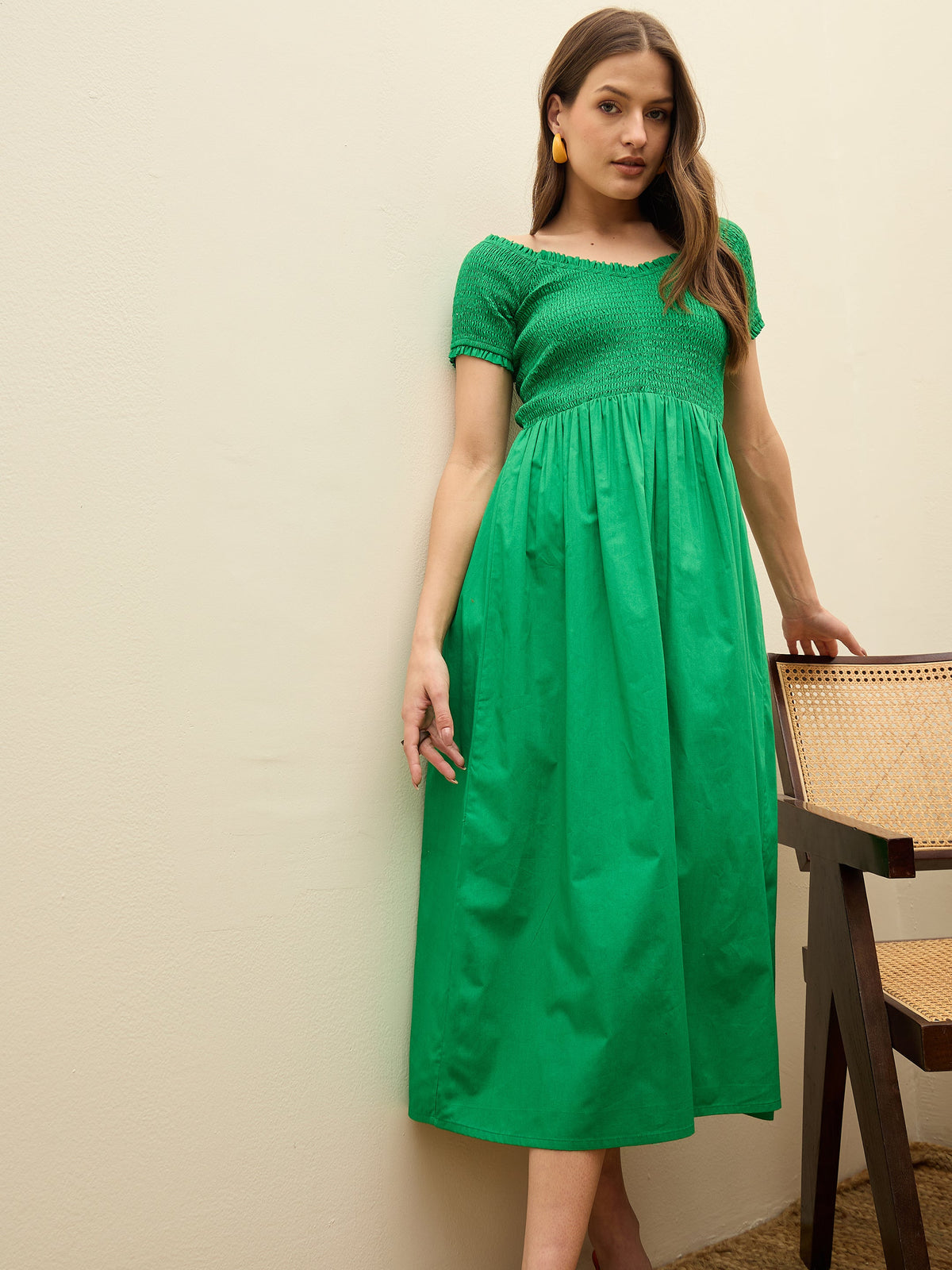 Green Poplin Smocked Midi Dress-Pink Paprika By SASSAFRAS