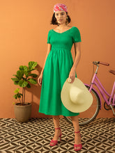 Women Green Poplin Smocked Midi Dress