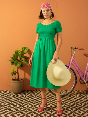 Women Green Poplin Smocked Midi Dress