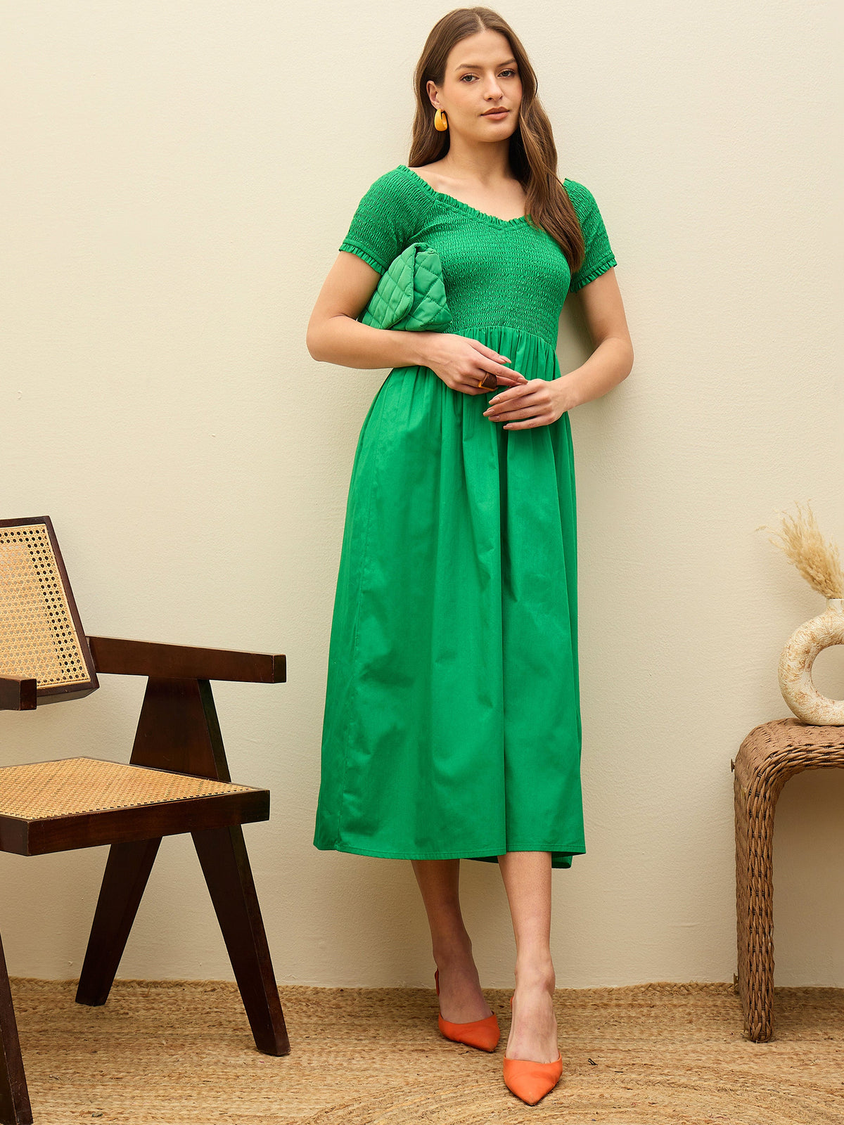 Green Poplin Smocked Midi Dress-Pink Paprika By SASSAFRAS