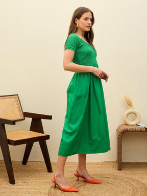 Green Poplin Smocked Midi Dress-Pink Paprika By SASSAFRAS