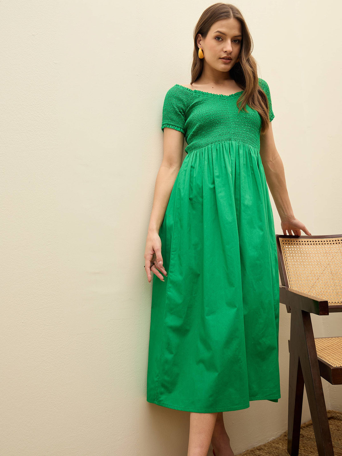 Green Poplin Smocked Midi Dress-SASSAFRAS