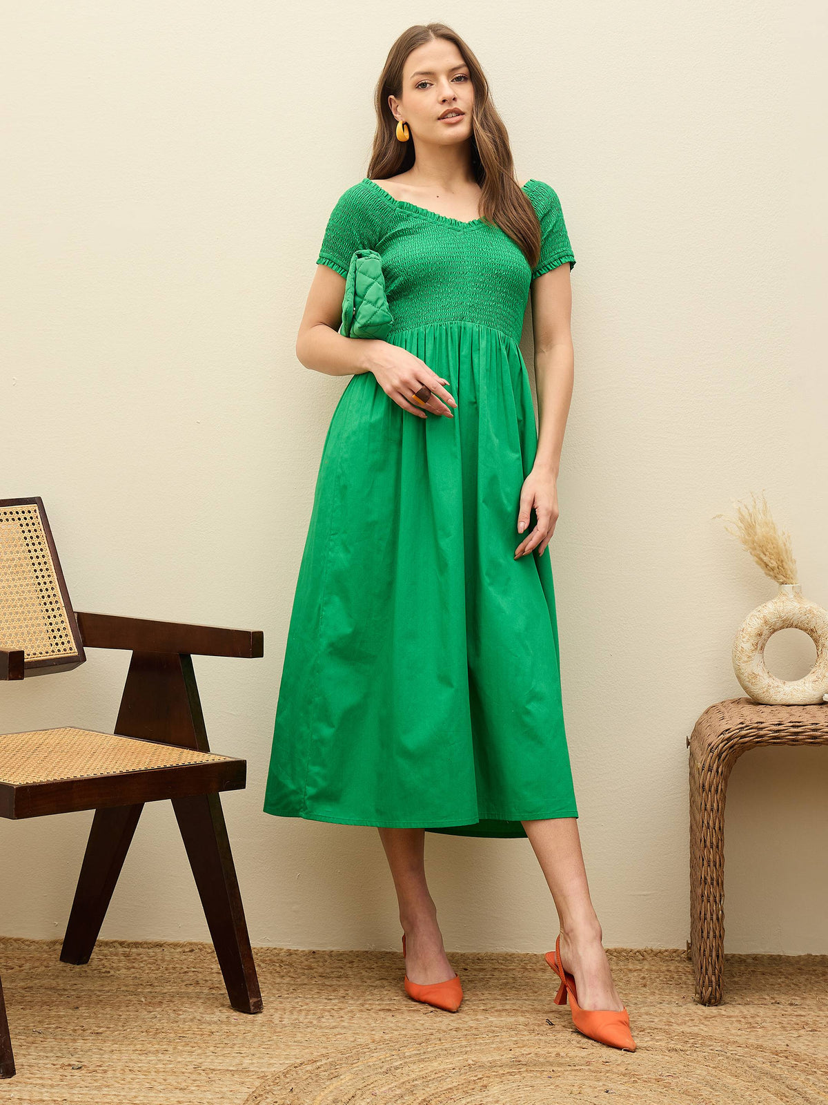 Green Poplin Smocked Midi Dress-SASSAFRAS