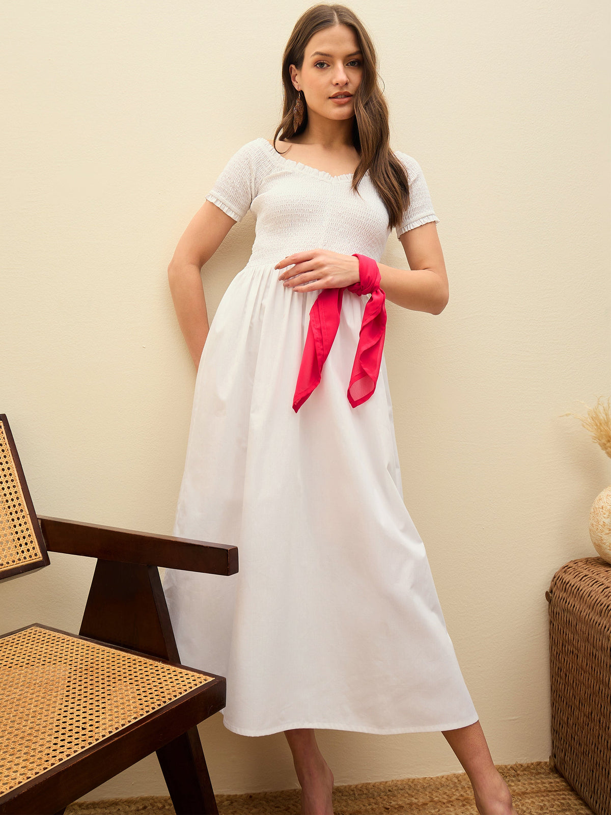 White Poplin Smocked Midi Dress-Pink Paprika By SASSAFRAS