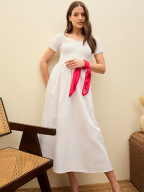 White Poplin Smocked Midi Dress-Pink Paprika By SASSAFRAS