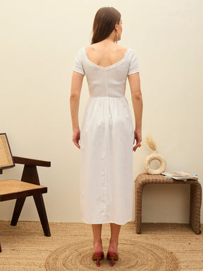 White Poplin Smocked Midi Dress-Pink Paprika By SASSAFRAS