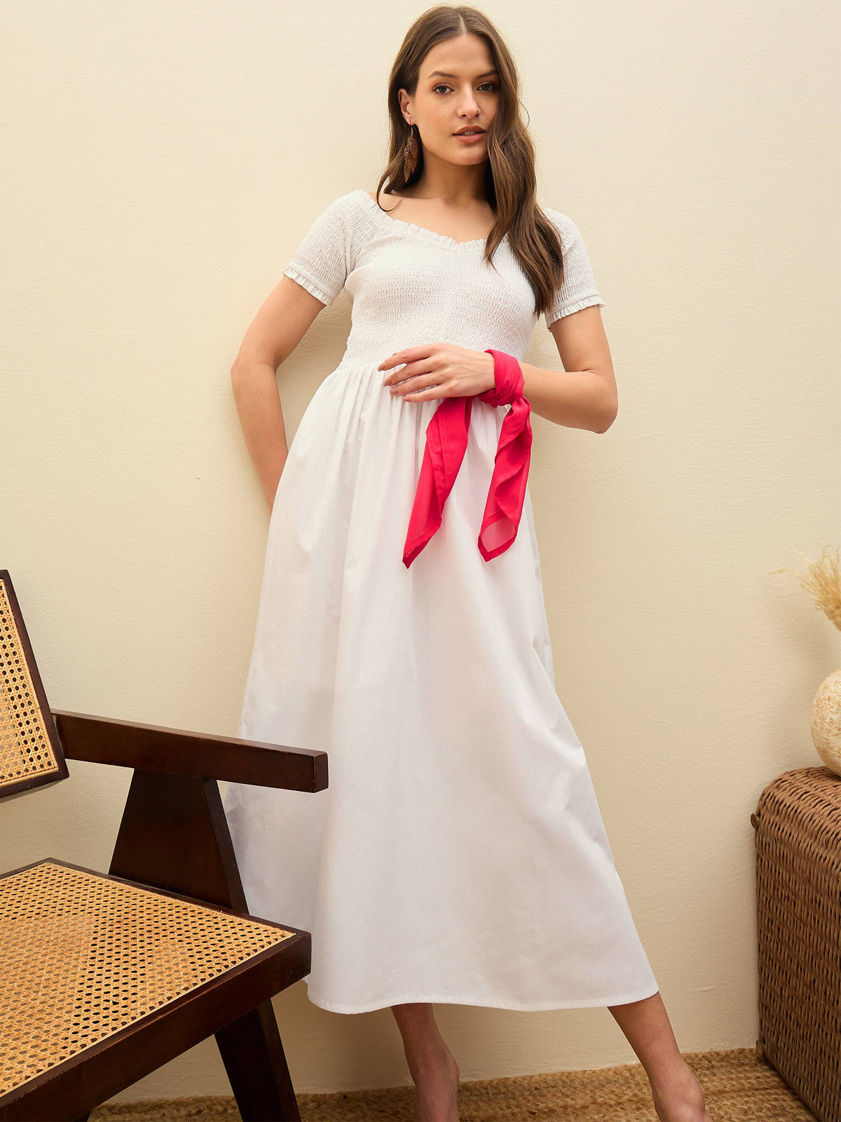 White Poplin Smocked Midi Dress-SASSAFRAS