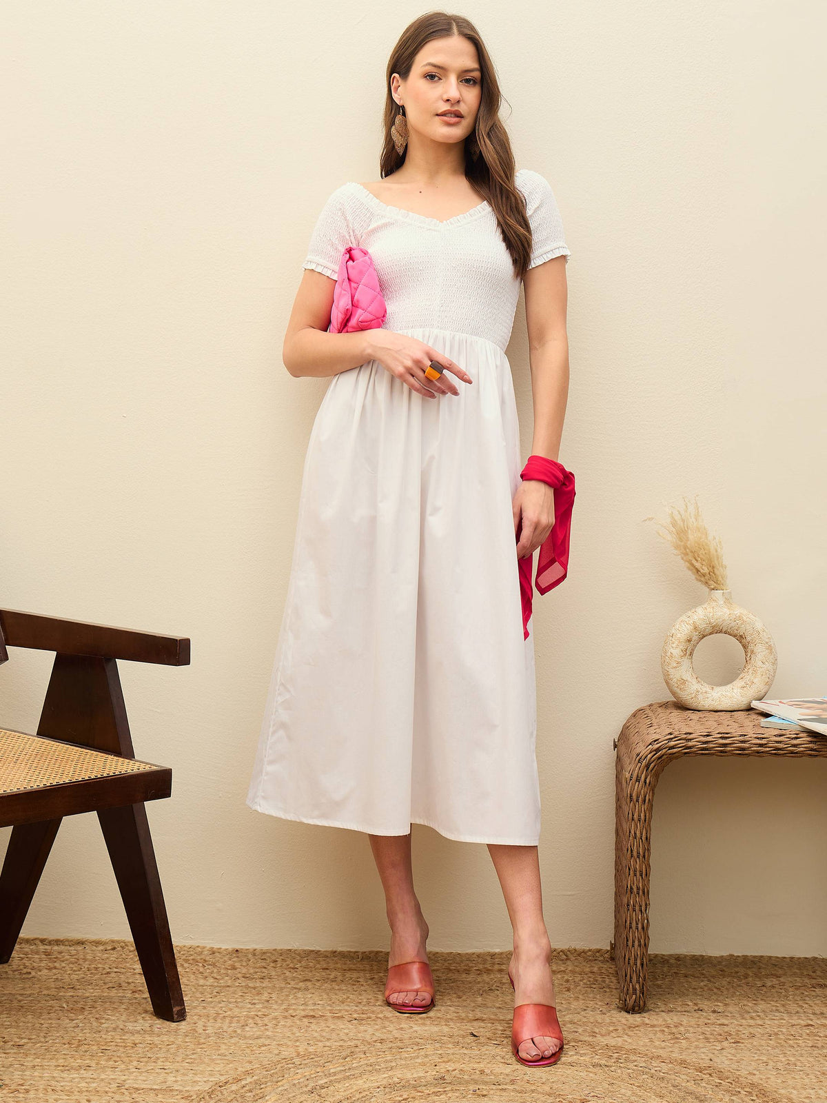 White Poplin Smocked Midi Dress-SASSAFRAS