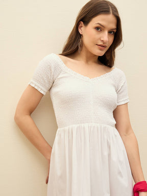 White Poplin Smocked Midi Dress-SASSAFRAS