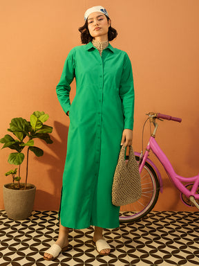 Women Green Poplin Longline Shirt Dress