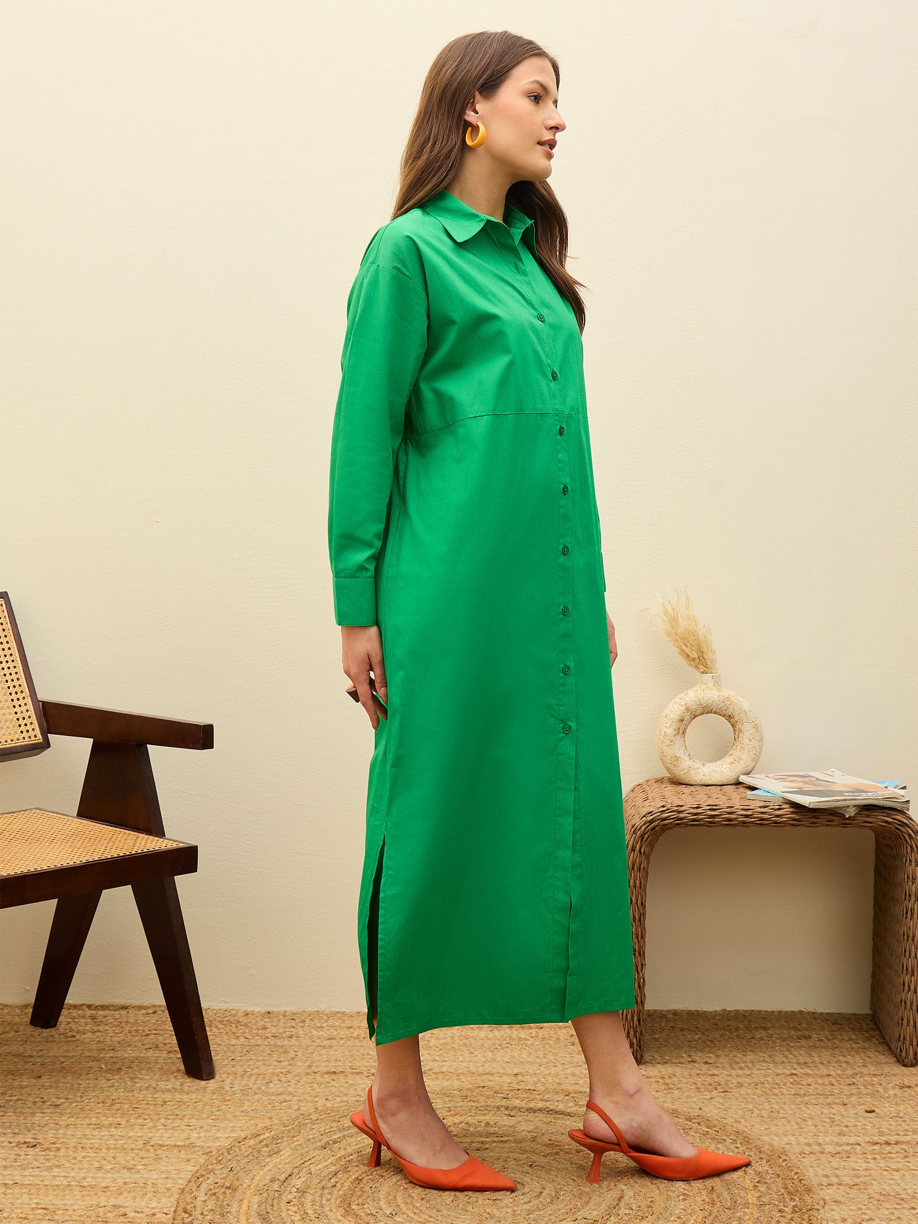 Green Poplin Longline Shirt Dress-Pink Paprika By SASSAFRAS