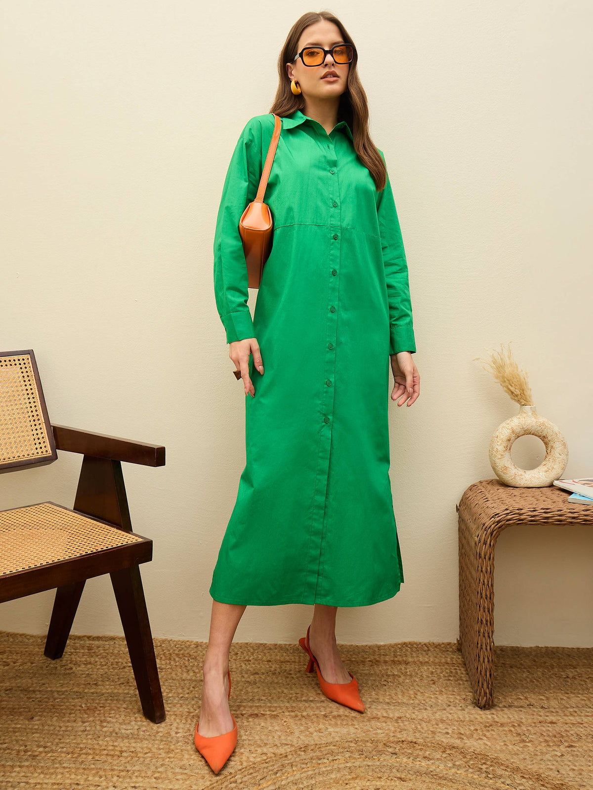 Green Poplin Longline Shirt Dress-SASSAFRAS