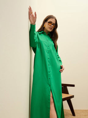 Green Poplin Longline Shirt Dress-SASSAFRAS