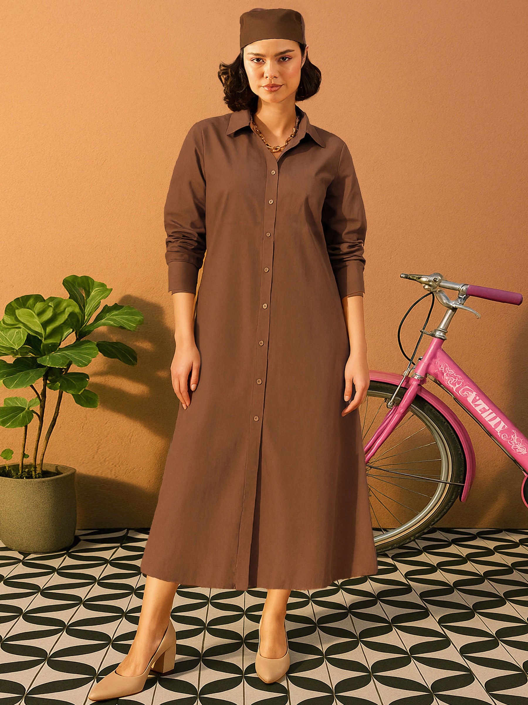 Women Brown Poplin Longline Shirt Dress