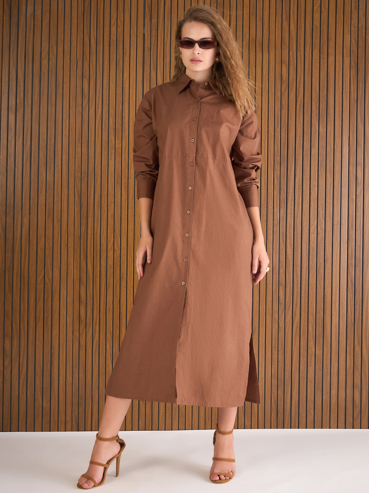 Brown Poplin Longline Shirt Dress-Pink Paprika By SASSAFRAS