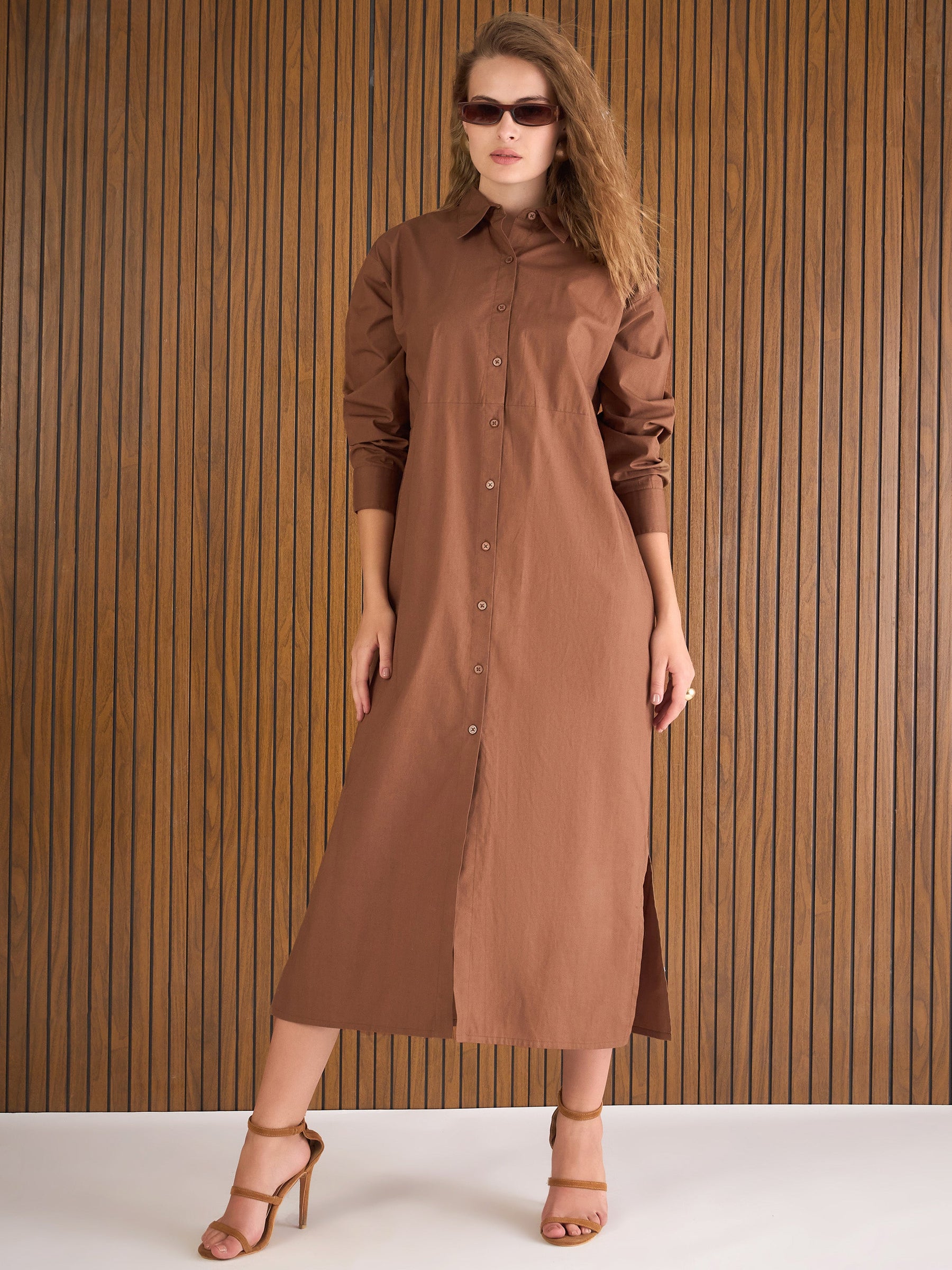Brown Poplin Longline Shirt Dress-Pink Paprika By SASSAFRAS