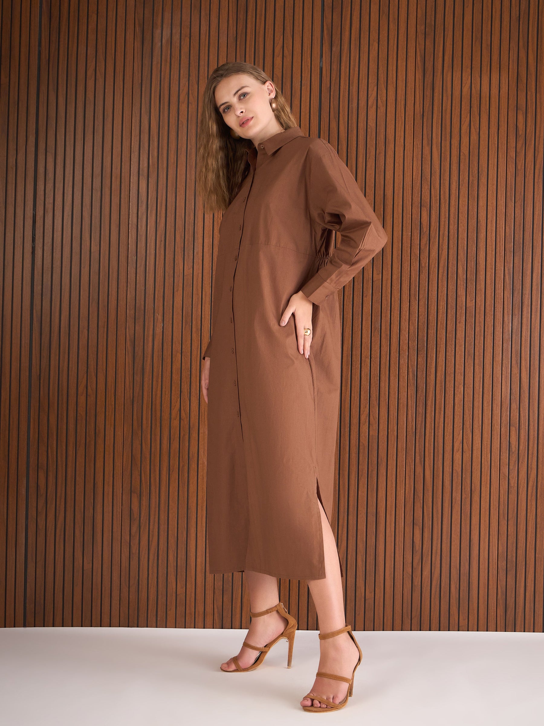 Brown Poplin Longline Shirt Dress-Pink Paprika By SASSAFRAS