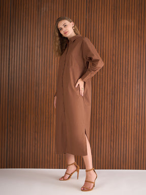Brown Poplin Longline Shirt Dress-Pink Paprika By SASSAFRAS