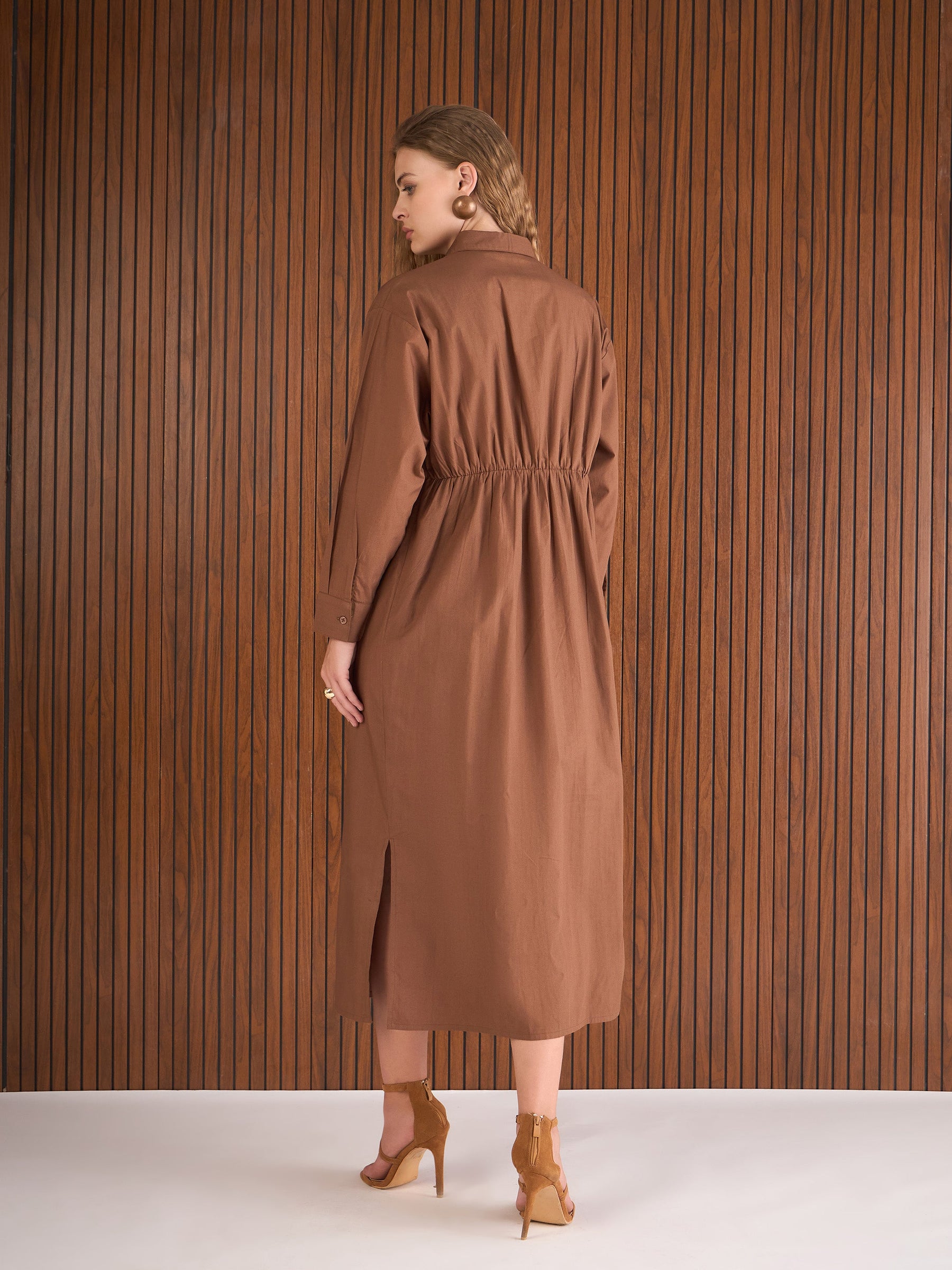 Brown Poplin Longline Shirt Dress-Pink Paprika By SASSAFRAS