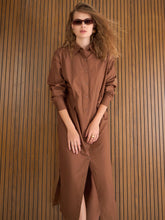 Brown Poplin Longline Shirt Dress-SASSAFRAS
