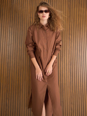 Brown Poplin Longline Shirt Dress-SASSAFRAS