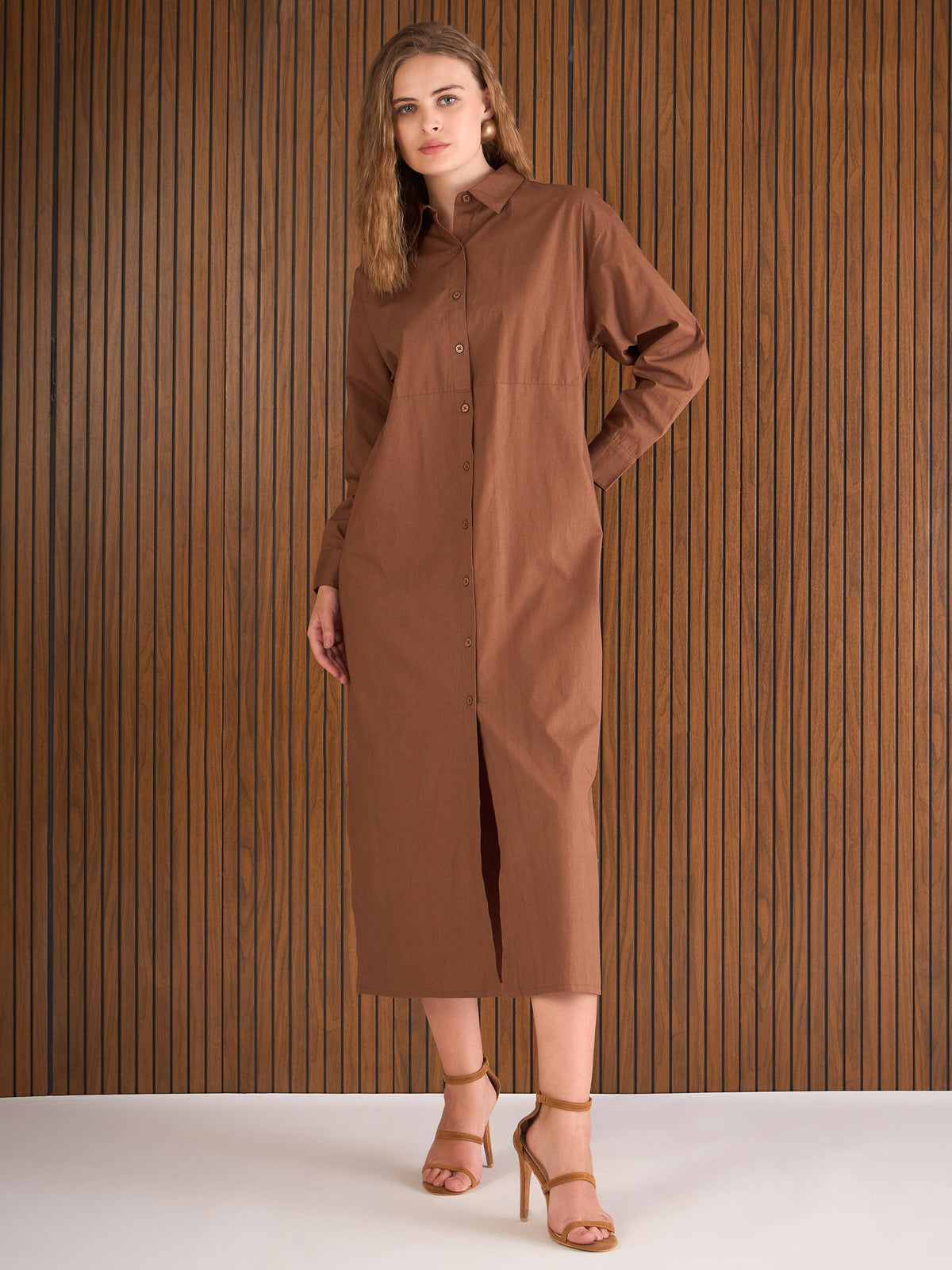 Brown Poplin Longline Shirt Dress-SASSAFRAS